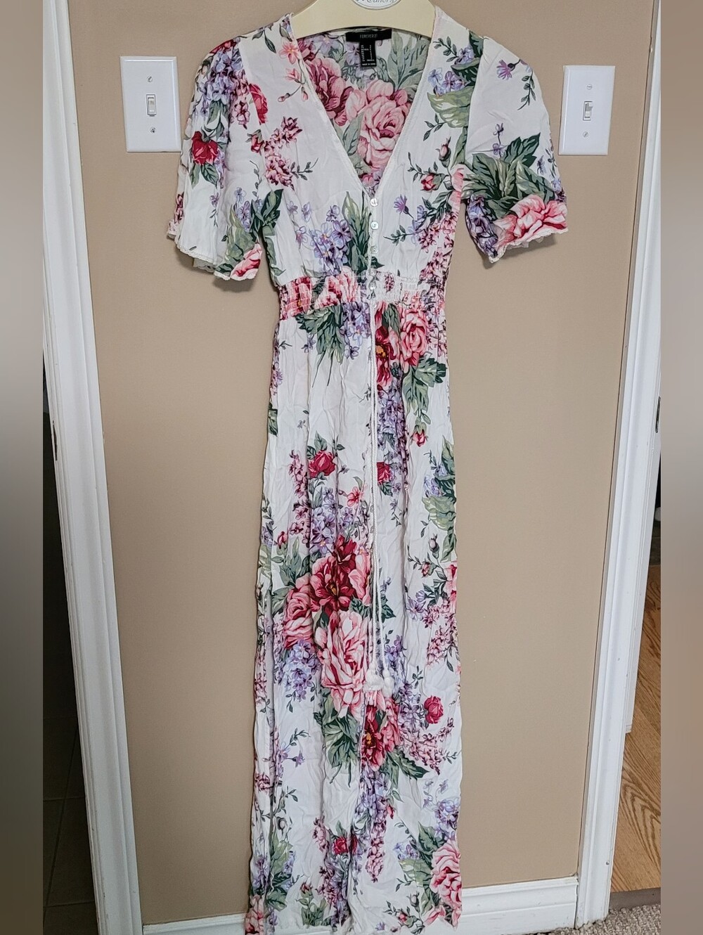 Forever 21 White Maxi Dress with Pink & Green Floral Print
